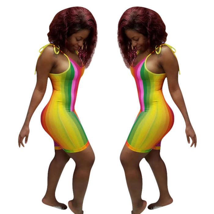 Stylish Rainbow Colorblock Strappy Shoulder Women Summer Rompers S-XL