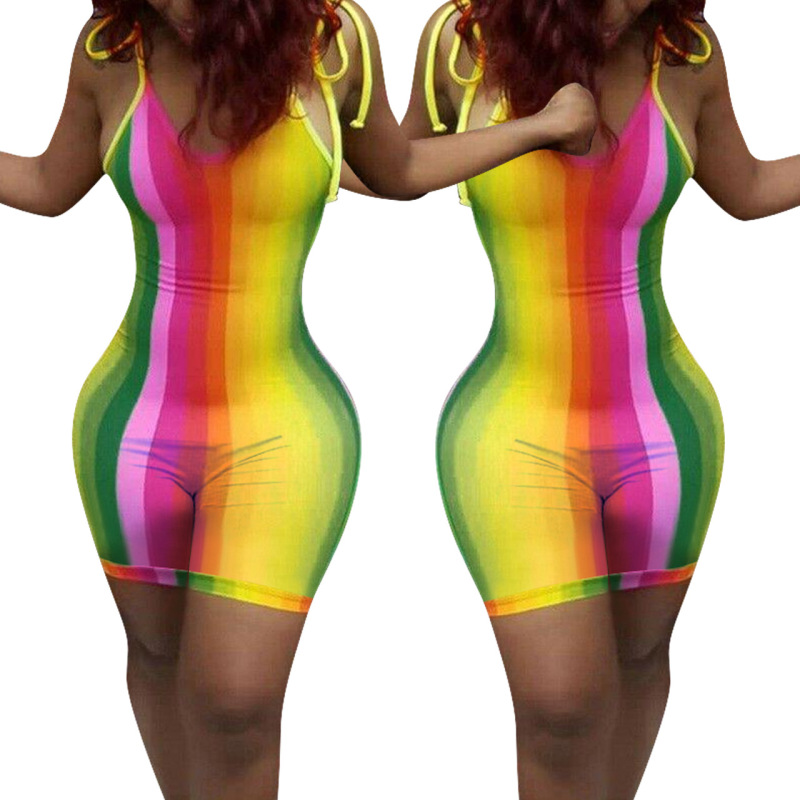 Stylish Rainbow Colorblock Strappy Shoulder Women Summer Rompers S-XL