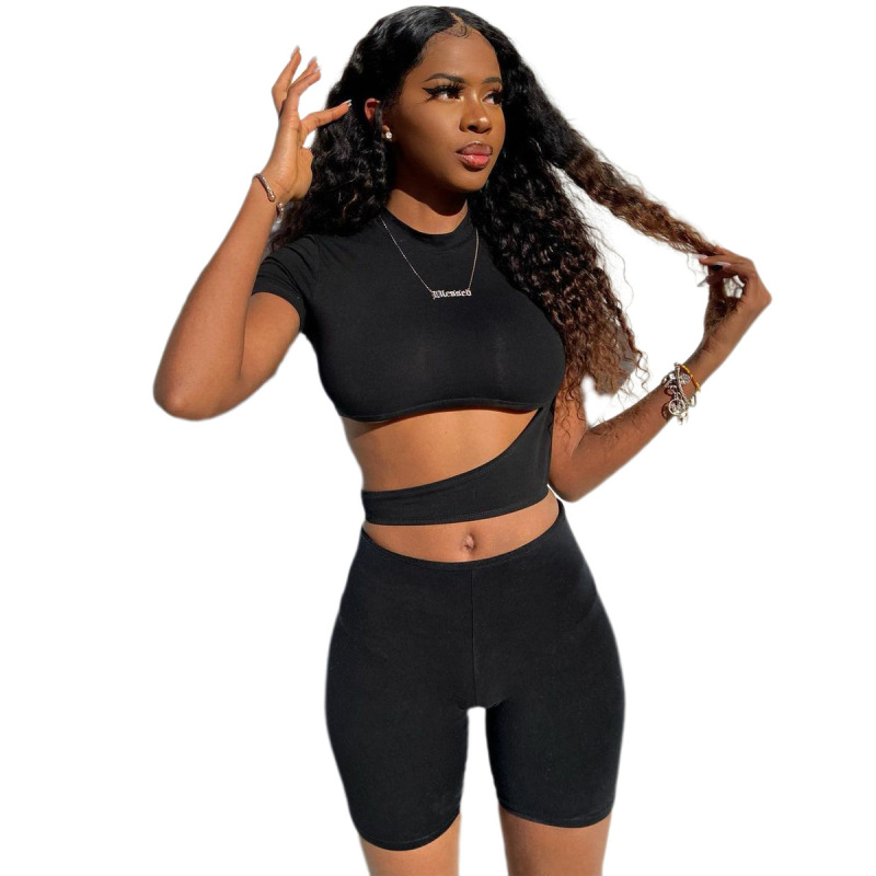 Fashion Hollow Out Short Sleeve Slim Shorts Two Pieces Outfit Black S-2XL