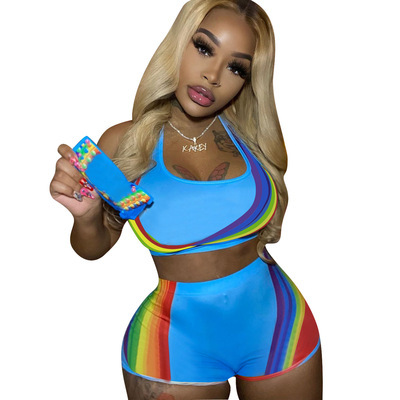 Women New Sexy Crop Tops Short Sleeve Shorts Two Pieces Outfit Blue S-XL