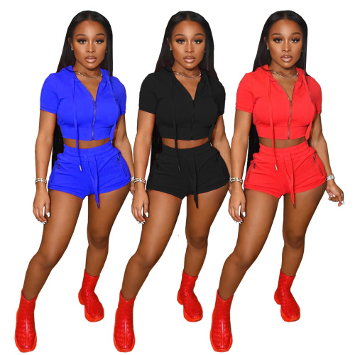 Short Sleeve Solid Color Women Two Piece Casual Set S-3XL