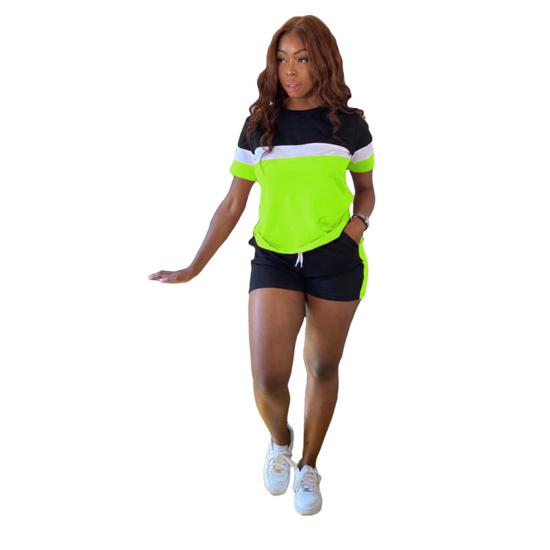 Hot Sale Colorblock Sports Suit Two Pieces Outfit Pink Yellow Green Rosy S-2XL