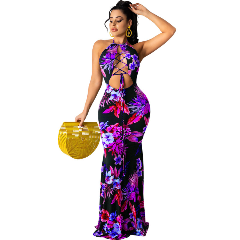 Bandage Floral Printed Women Long Dress S-XXL