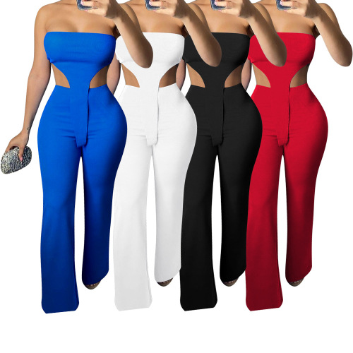 Hot Sale Solid Color Strapless Hollow Out Women Casual Two Pieces Outfit White Red Black Blue S-2XL