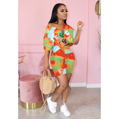 Fashion Printed V-Neck Short Sleeve Loose Shorts Two Pieces Outfit S-2XL