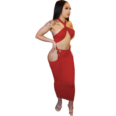Women Solid Color Sleeveless Criss Cross Neck Sexy Tops Strappy Side Midi Dress Two Pieces Outfit Khaki Black Red S-2XL