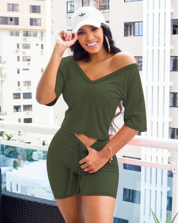 Solid Color Simple Style V-neck Two Piece Short Sets S-XXL