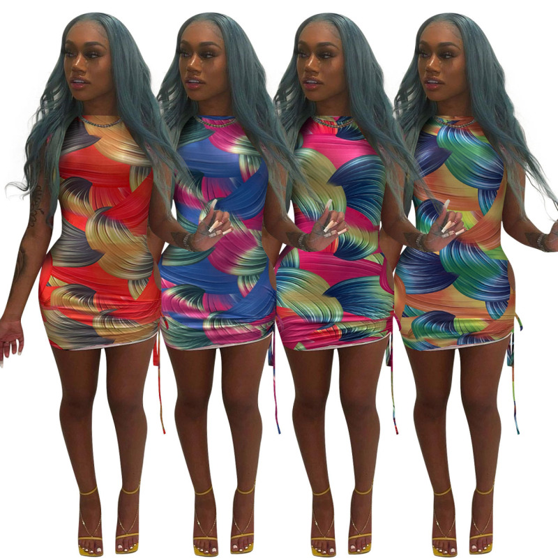 Women Sleeveless O-Neck Mini Drawstring Causal Dress Pink Yellow Orange Blue S-2XL