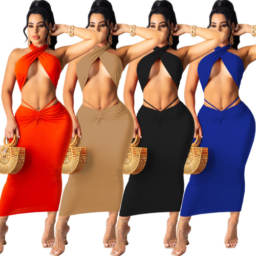 Sexy Women Solid Color Criss Corss Neck Hollow Out Maxi Skirt Two Pieces Outfit Orange Black Khaki Royal Blue S-XL