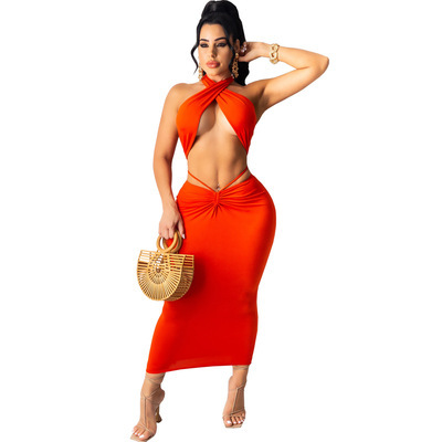 Sexy Women Solid Color Criss Corss Neck Hollow Out Maxi Skirt Two Pieces Outfit Orange Black Khaki Royal Blue S-XL