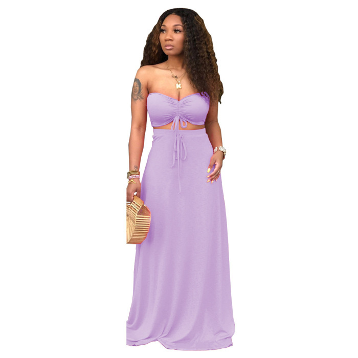 Fashion Bra Solid Color Maxi Dress Sleeveless Two Pieces Outfit White Yellowe Red Purple Black Light Blue S-XL
