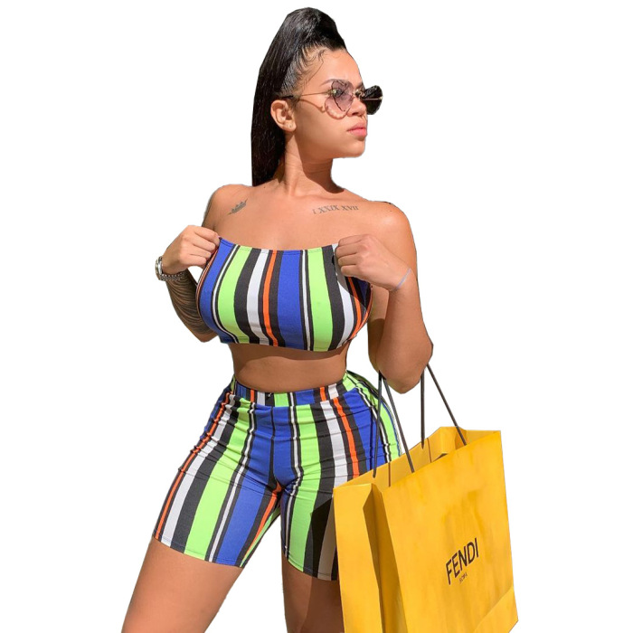 Women Striped Printed Club Wear Strapless Sexy Two Pieces Shorts Sets S-2XL