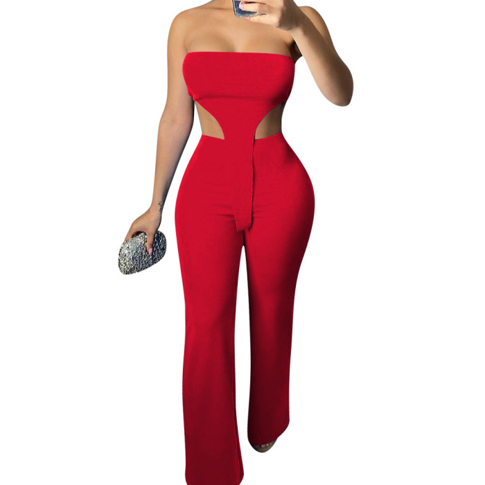 Hot Sale Solid Color Strapless Hollow Out Women Casual Two Pieces Outfit White Red Black Blue S-2XL