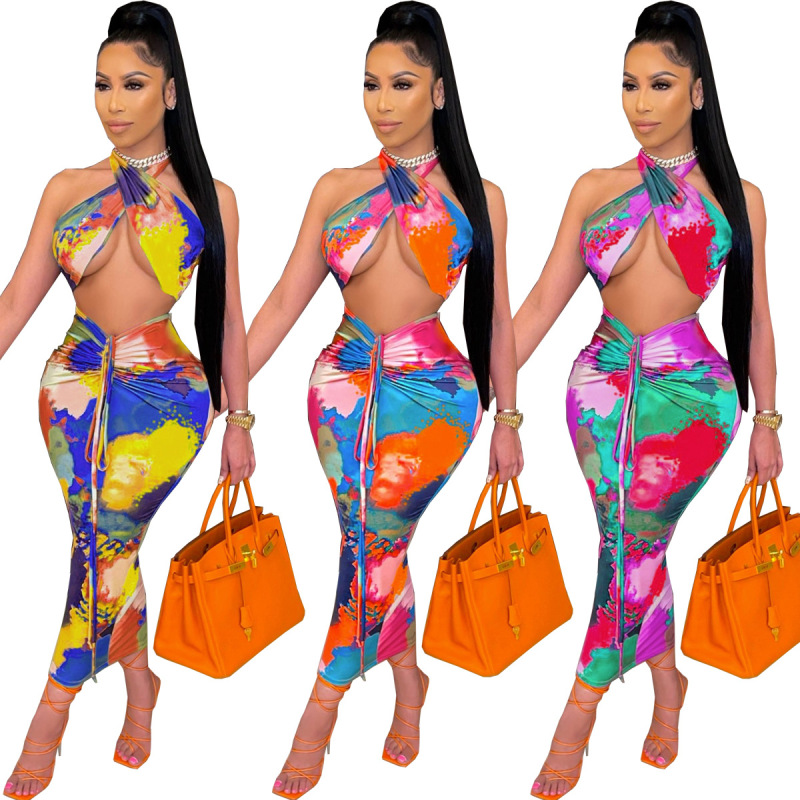 Hollow Out Printed Sexy Two Piece Skirts S-XXL