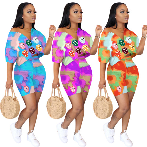 Fashion Printed V-Neck Short Sleeve Loose Shorts Two Pieces Outfit S-2XL