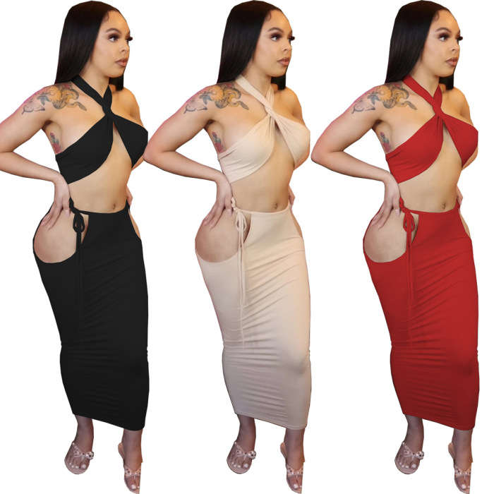 Women Solid Color Sleeveless Criss Cross Neck Sexy Tops Strappy Side Midi Dress Two Pieces Outfit Khaki Black Red S-2XL