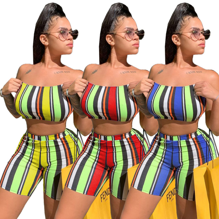 Women Striped Printed Club Wear Strapless Sexy Two Pieces Shorts Sets S-2XL