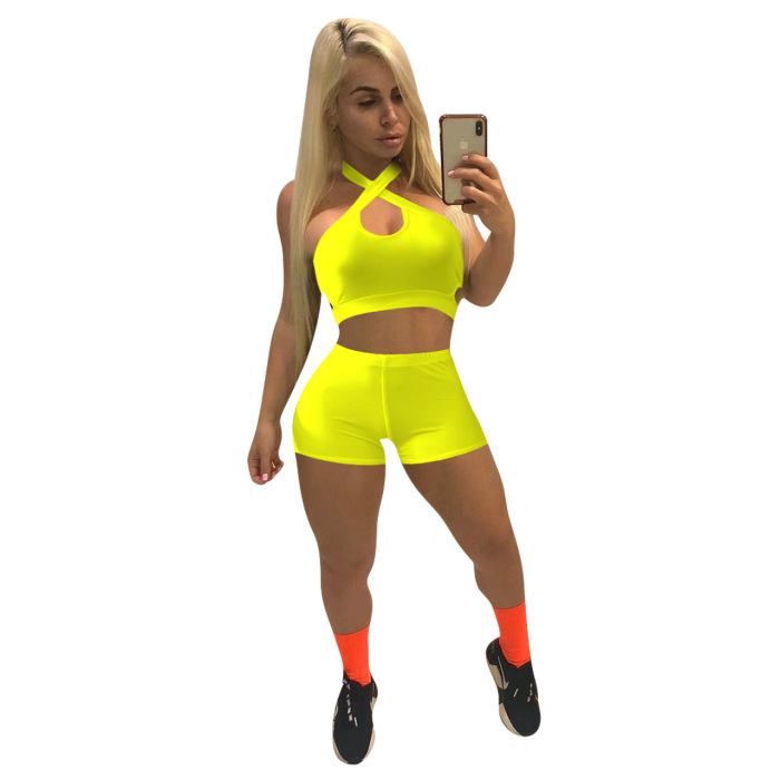 Women Solid Color Halter Street Style Sporty Casual Two Piece Set S-2XL