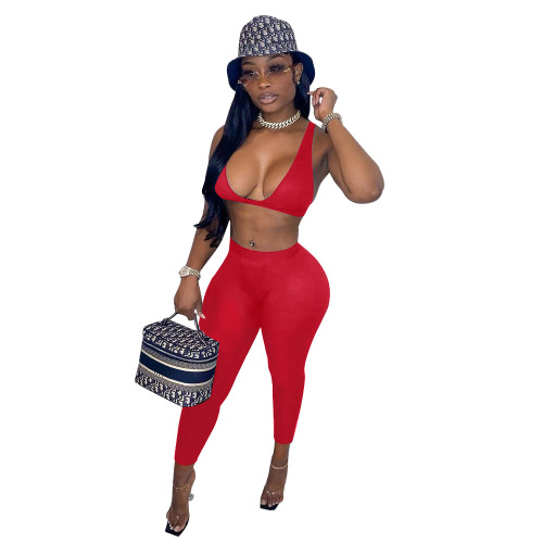 Fashion Women Solid Color V-neck Two Pieces Outfit Pink Red Black S-2XL