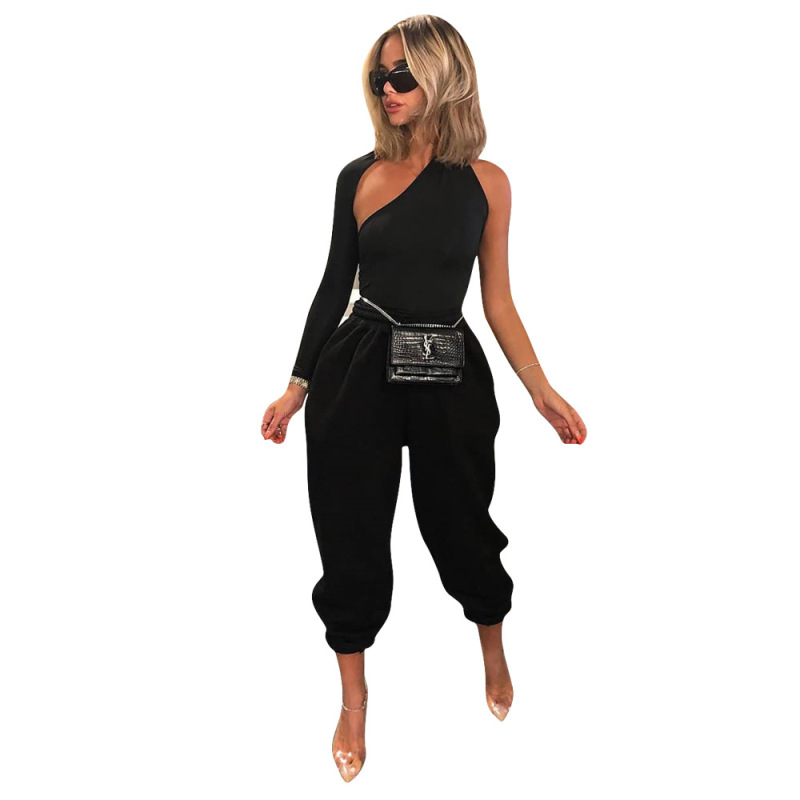 Hot Sale Women One Sleeve Hollow Out Two Pieces Outfit Black S-2XL