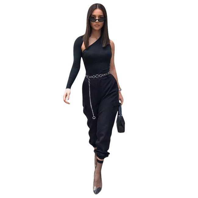 Hot Sale Women One Sleeve Hollow Out Two Pieces Outfit Black S-2XL