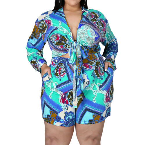 Hot Sale Fashion Printed Women Long Sleeve Casual Shorts Plus Size Two Piece Sets Yellow Blue Rosy L-5XL