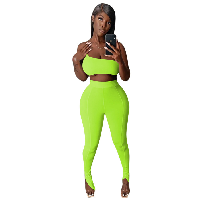 Hot Sale Solid Color Sleeveless Slim Leggings Two Pieces Outfit White Gray Pink Black Green S-2XL
