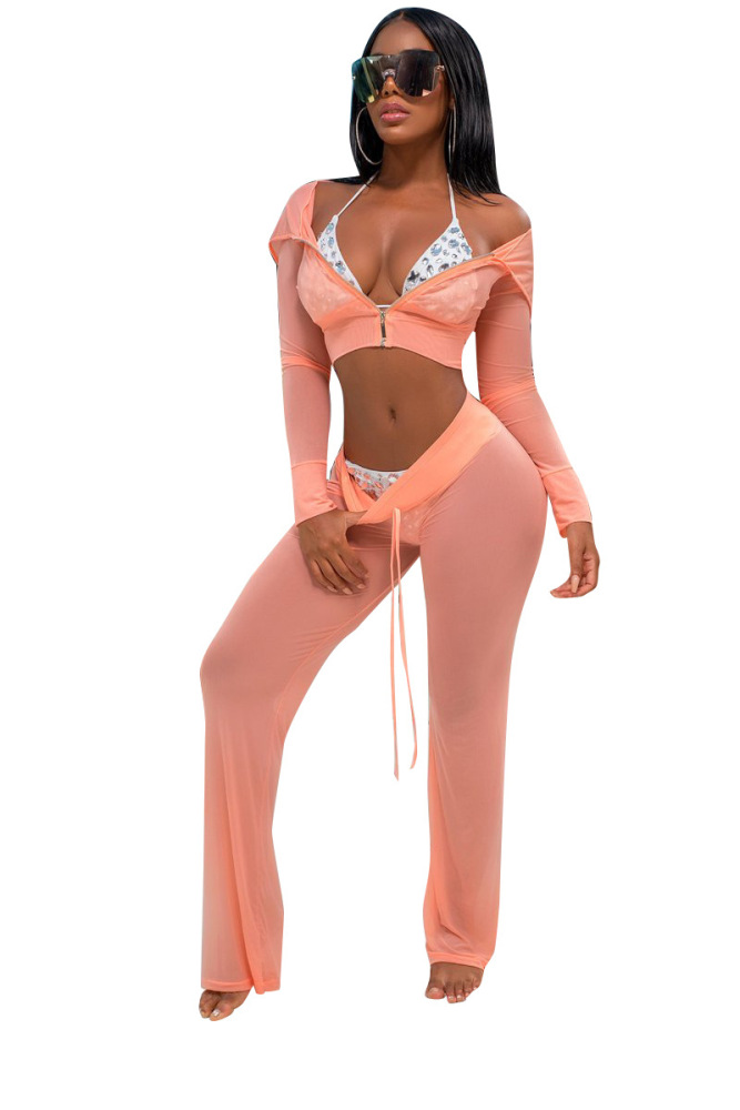 Lady Solid Color Mesh See Through Casual Two Piece Set (no including bikinis)S-3XL