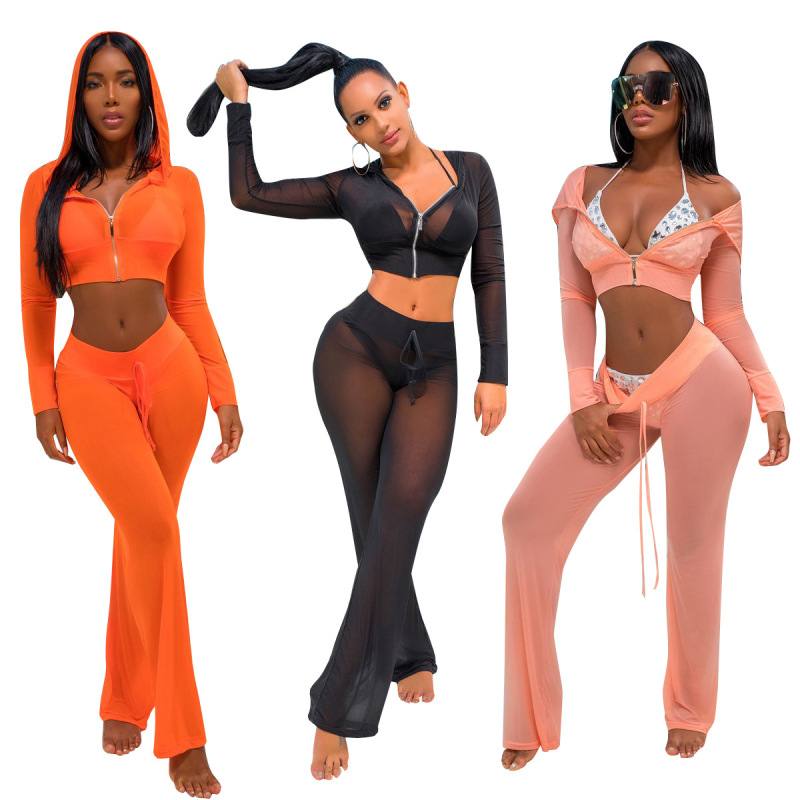 Lady Solid Color Mesh See Through Casual Two Piece Set (no including bikinis)S-3XL