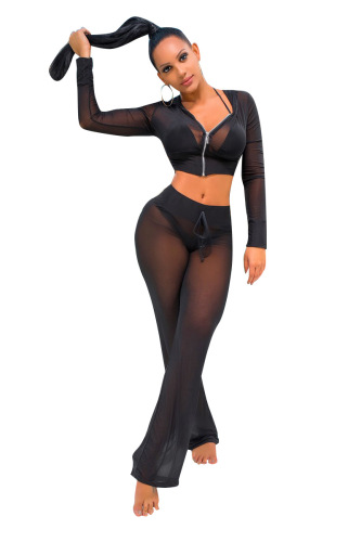 Lady Solid Color Mesh See Through Casual Two Piece Set (no including bikinis)S-3XL