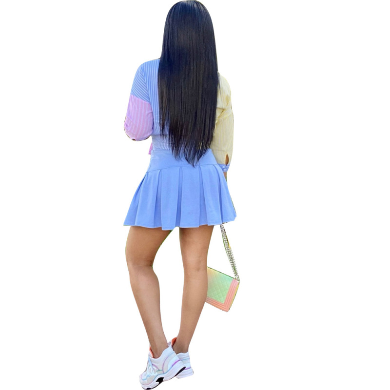 Hot Sale Summer Colorblock Shirts Pleated Skirt Two Pieces Outfit Light Blue S-XL