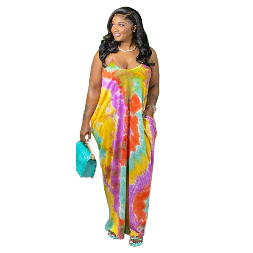 Summer Women Hot Sale Strap Tie Dye Flower Casual Maxi Dress S-3XL