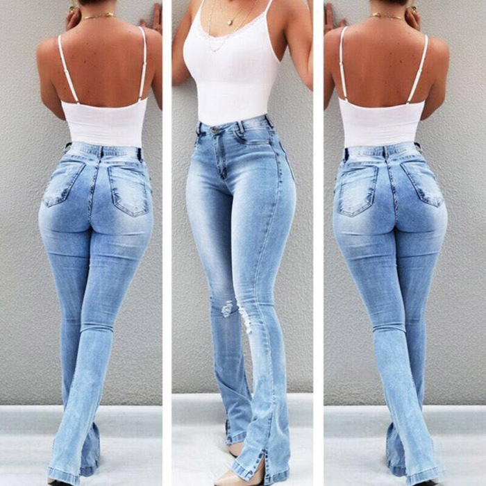 Fashion Women Slimming Sexy Ripped Jeans Flared Pants Trousers S-3XL