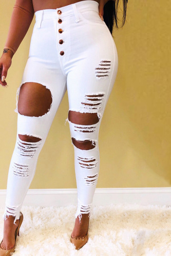 Women Stylish Solid Color White Button Big Hole Pants S-3XL