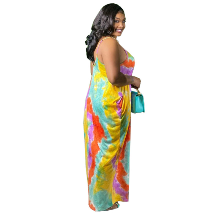 Summer Women Hot Sale Strap Tie Dye Flower Casual Maxi Dress S-3XL