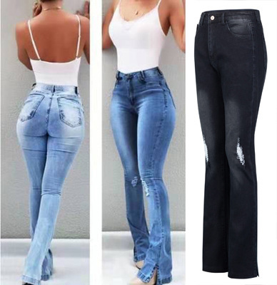 Fashion Women Slimming Sexy Ripped Jeans Flared Pants Trousers S-3XL