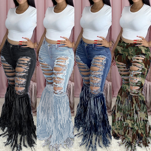 European and American fringed matte denim trousers women's casual bell-bottom jeans jeans
