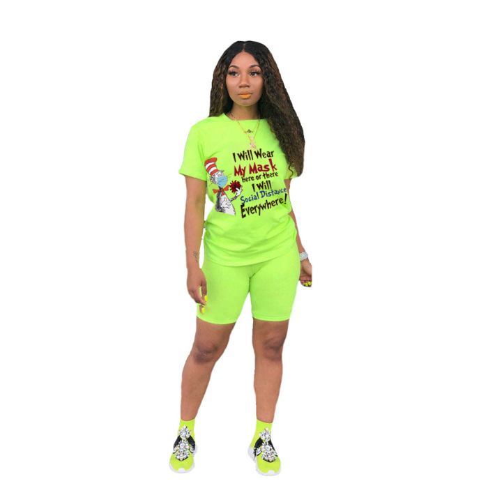 Women Solid Color Printing Short Sleeve Tops Mini Shorts Two Pieces Outfit Red Black Green S-2XL