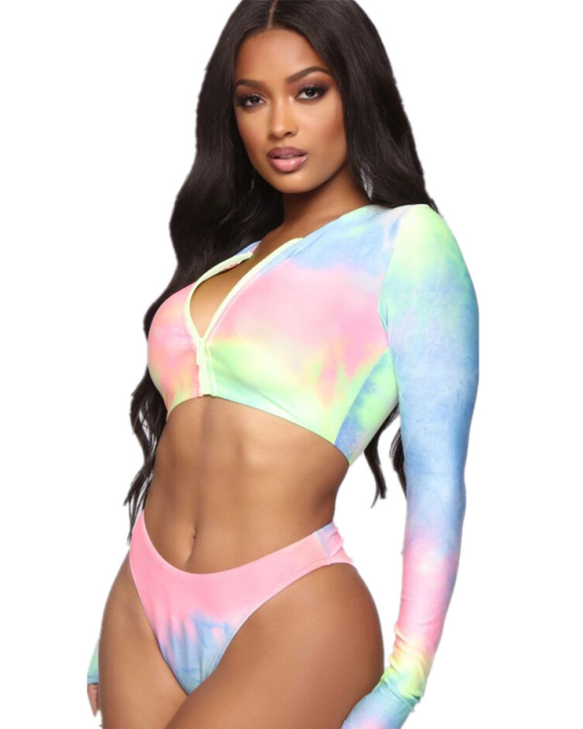 Women Tie Dye Long Sleeve Zipper Two Piece Swimwear S-XL
