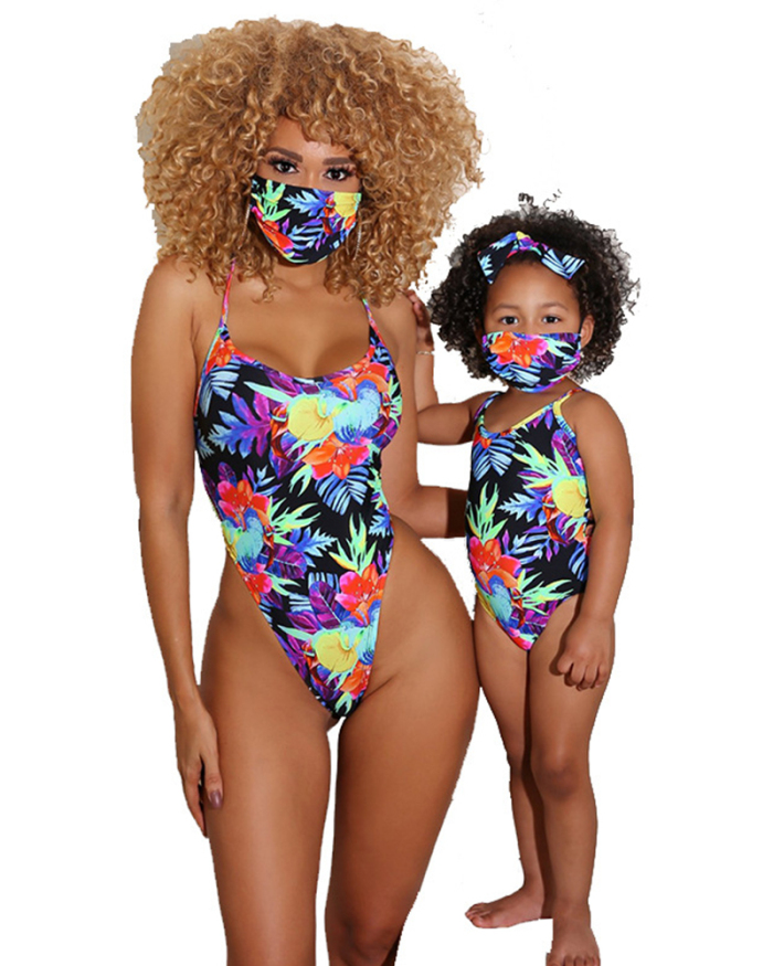 Printed Parent & Child Bathing Suit One Piece Swimsuit Include mask
