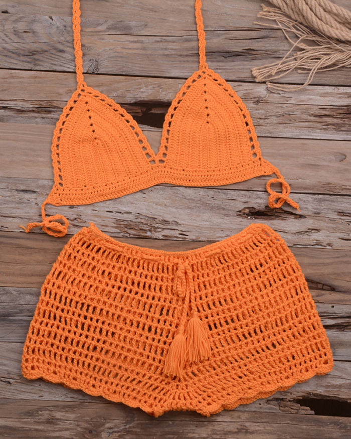 Women Tassel knitting Tube up Two Pieces Crochet Bikini Push-Up Swimsuit Halter Bandage Swimwear Beach Bath Suit Bikinis