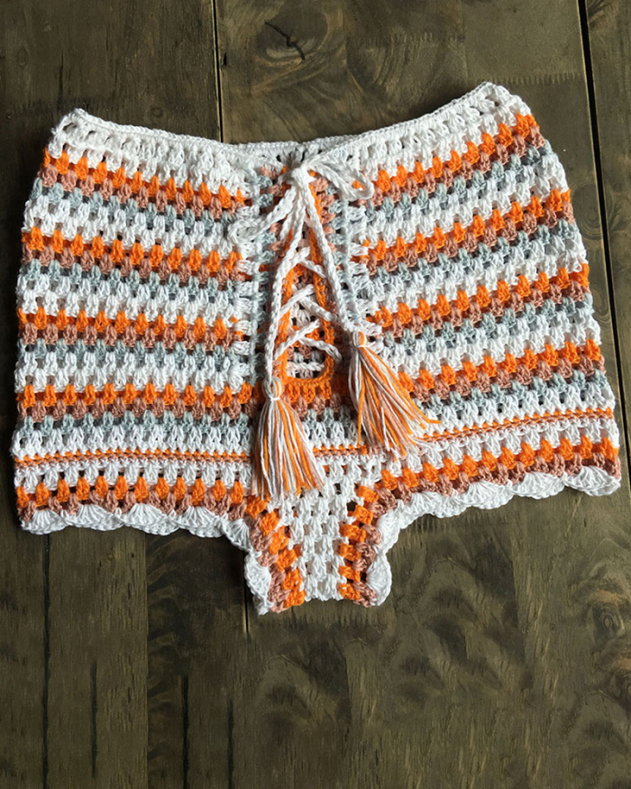 Women Vintage Bikini Panties High Waist Swimwear Bottom Cotton Crochet Color Stripe Hollow Out Bandage Female Swimsuit Briefs