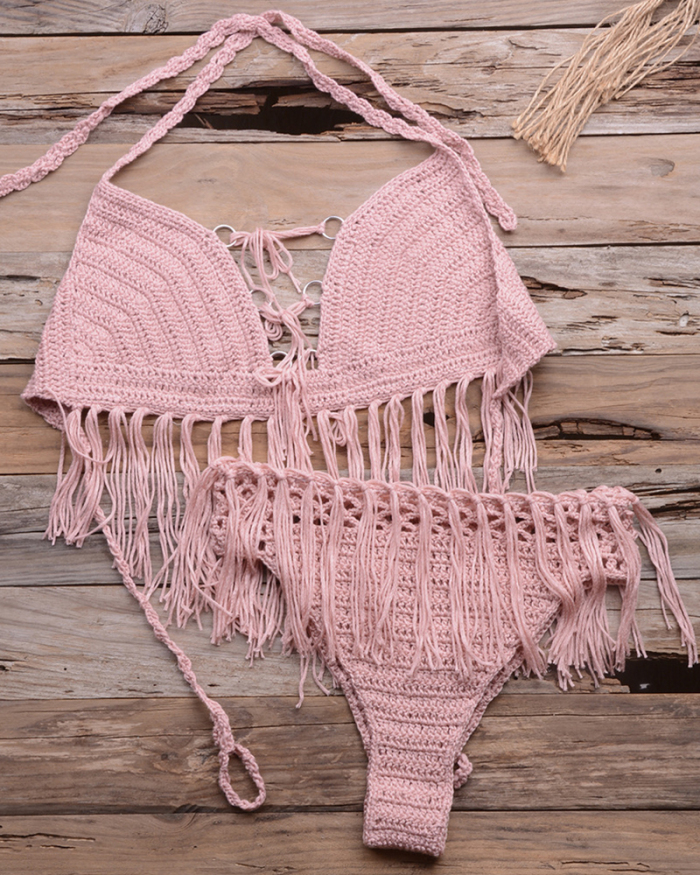 Crochet Knitted Tassel Bikini Set Ladies Swimwear Beachwear Bra Thong Summer Bathing Suit Push Up Swimsuits Immadman
