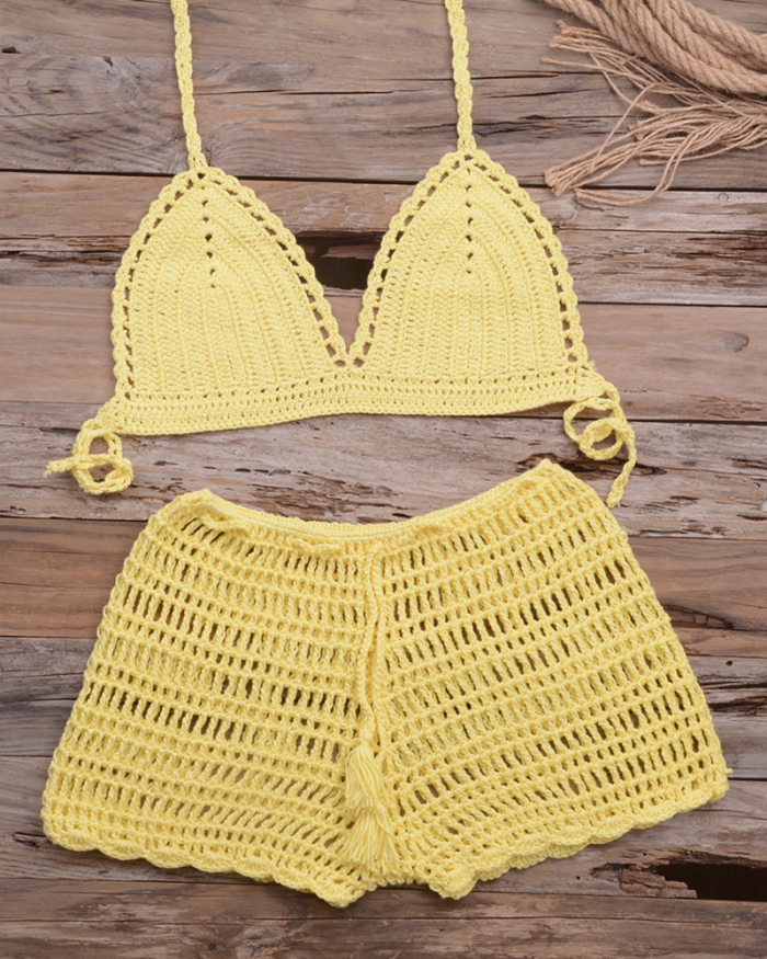 Women Tassel knitting Tube up Two Pieces Crochet Bikini Push-Up Swimsuit Halter Bandage Swimwear Beach Bath Suit Bikinis