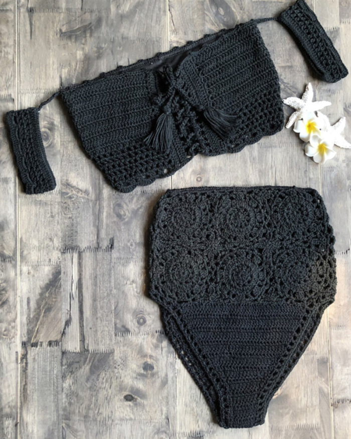 Crochet High Leg Bandeau Bikini Set Swimwear Female Two Pieces Swimsuit High Waist Bikini Women Bathing Suit Biquini 2019 New