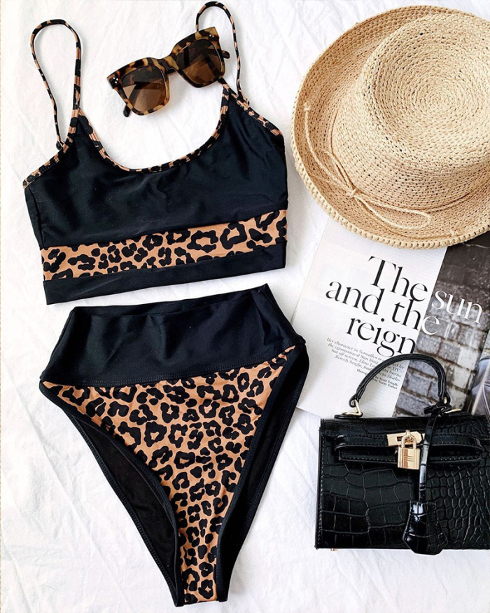 Woman's Leopard Colorblock High Waist Two-piece Swimsuit White Black S-L
