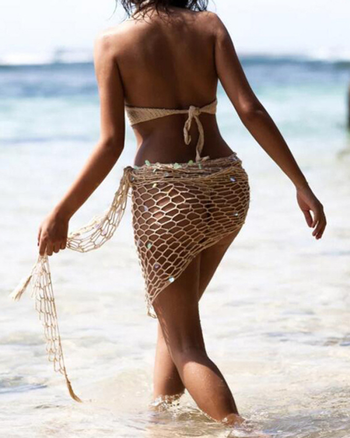 Sexy Women Wrap Skirts Fishnet Hollow Out Beach Wear Bottom Knitted Bikini Cover Up Bathing Suit Plain Lace Up Casual