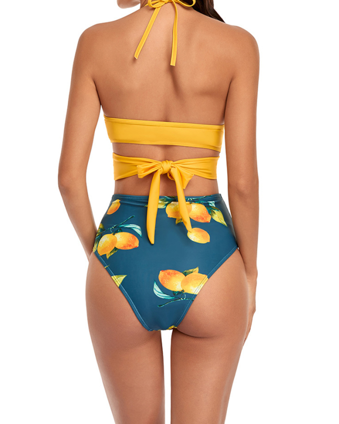 Sexy Floral Bikini Cross Bandage Split Swimsuit Tie Up High Waist Swimsuit