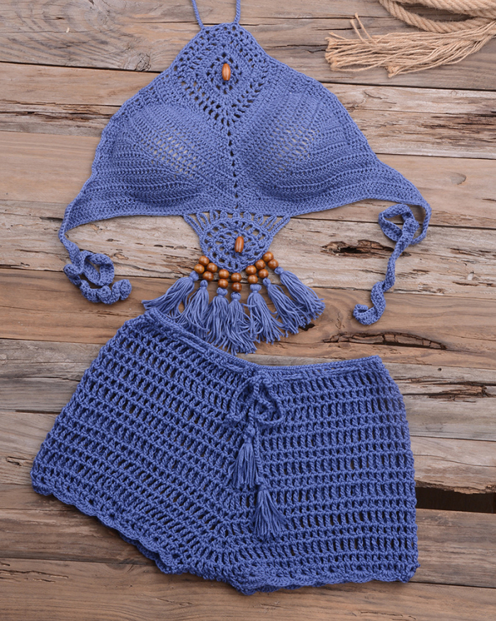 Crochet Bikini Set Push Up Swimwear Halter Bandage Swimsuit High Neck Bikini With Tassel Women Swim Bathing Suit Beachwear