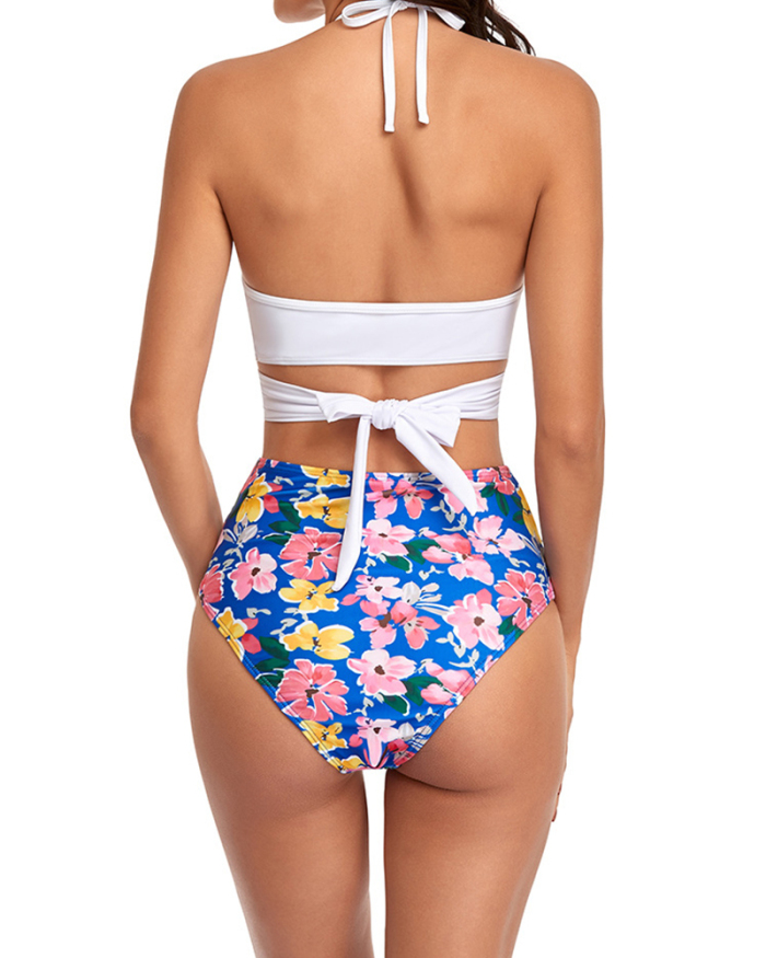 Sexy Floral Bikini Cross Bandage Split Swimsuit Tie Up High Waist Swimsuit